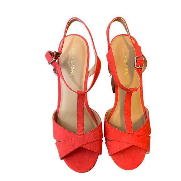 Sun + Stone Shoes - Sun + Stone Women Cork Heel Slingback Sandals Jamie Size US 10M Coral Pink
